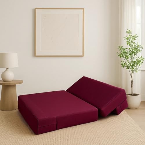 Image of PUM PUM 2 Seater EPE Foam Sofa Cum Bed in Velvet Fabric with Washable Cover | Foldable Couch & Bed | Size 3 x 6 Ft | Perfect for Home, Living Room & Office Guests,Maroon
