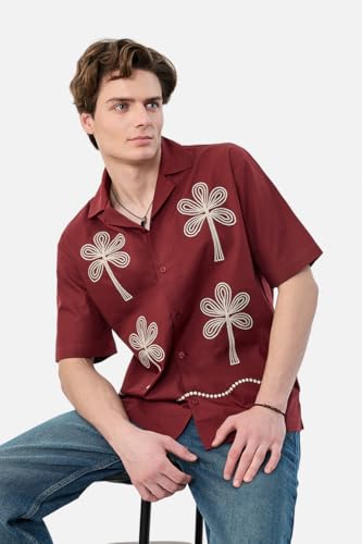 Image of SNITCH Men Casual Shirt | Box Fit Cuban Collar Short Sleeve Floral Embroidered Design | 100% Cotton Breathable Fabric for Summer & Vacation Outings | Burgundy