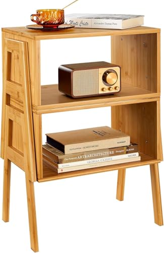 Pipishell Nightstands Set of 2, Bamboo Stackable Bedside Table, Night Stands with Storage Shelf, Small Bed Side Tables, 2-Tier End Table for Bedroom, Dorm and Small Space Storage (Natural)
