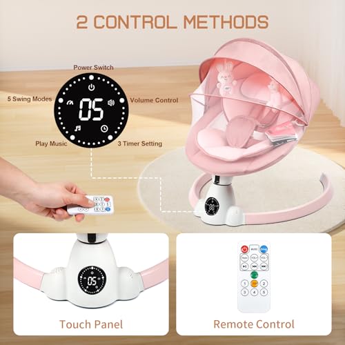 Image of Uuoeebb Baby Swing for Infants, Portable Electric Baby Swings with Bluetooth, 5 Swing Speed, 10 Melodies, 5-Point Harness, Remote Control & Touch Panel - Infant Swing for Indoor & Outdoor Use, Pink