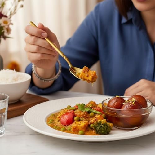 Image of 5 Pcs Gold Cutlery Set for Dining Table the Perfect Lightweight Silim Handle Tableware Including Dinner Spoon, Dinner Fork, Dinner Knife, Dessert Spoon & Dessert Fork