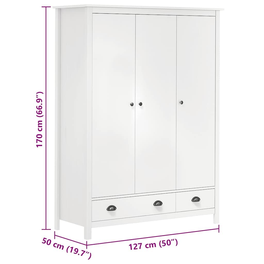 Mangloder Kleiderschrank Hill weiß aus massivem Kiefernholz mit 3 Türen, 2 Schubladen, 5 Regalfächern, Kleiderstange, 127x50x170 cm für Schlafzimmer, Kinderzimmer und Flur mit viel Stauraum