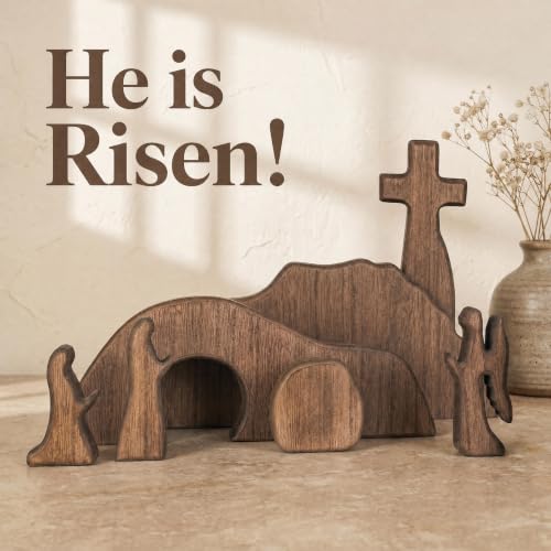 Image of NEROSUN Empty Tomb Easter Scene and Cross Decoration, Wooden Jesus Resurrection Nativity Set, Religious Christian Tabletop Decor for Home Office Christian