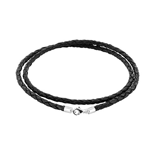 Auroris Geflochtene Echtleder-Kette schwarz Dicke 3mm mit Karabinerverschluss aus 925 Sterling-Silber Länge: 45cm