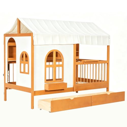 Image of House Bed with Tent and Bookshelf, 2 Drawers, USB Charging