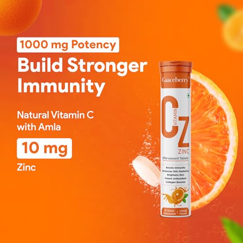 Image of Graceberry Natural Vitamin C + Zinc 1000mg with Amla, Orange Extract Supports Organic Immunity Booster 120 Effervescent Tablets| Helps Build Collagen For Healthy Nail, Hair & Skin