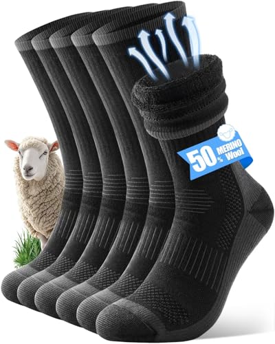 CLATOFO Merino Wool Hiking Crew Socks for Men & Women, Thermal Socks,Cushioned Anti-Blister, Breathable 3 Pairs(BLACK,L)
