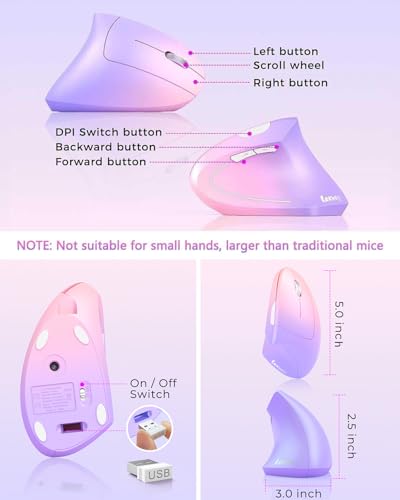 Lekvey Ergonomic Mouse, Vertical Wireless Mouse Rechargeable 2.4 GHz Optical Carpal Tunnel Mouse : 800/1200 / 1600 DPI, 6 Buttons, for Laptop, PC, Computer, Desktop, Notebook etc, Pink to Purple