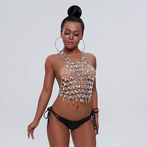 Aiosy Sparkly Rhinestone Body Chain Bra Silver Women Crystal Backless Chest Chains Bikini Halter Mesh Tops Layered Rave Outfits Jewelry Sexy Harness Body Accessories for Nightclub Festival Party Beach - Image 2