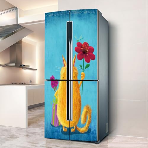 Pegatinas para frigorífico, pegatinas para frigorífico, para decoración de fundas para frigorífico, pegatinas de pared para cocina, gato divertido sostiene la flor (L: 100x180 cm)