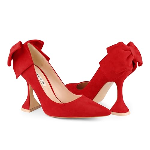 Image of Zzheels Women's Bow Heels Pointed Toe Chunky Pumps | Back Bow, Flare Heels, Block Heels, Bridal Wedding Shoes
