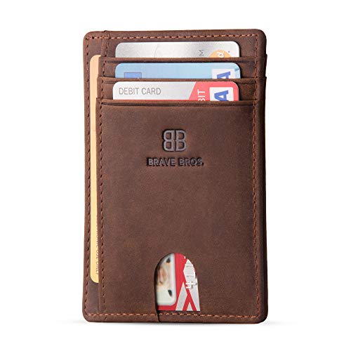 BRAVE BROS - Slim Genuine Leather RFID Blocking Minimalist Front Pocket Wallets Card Holders for Men Women (Crazy Horse Coffee)
