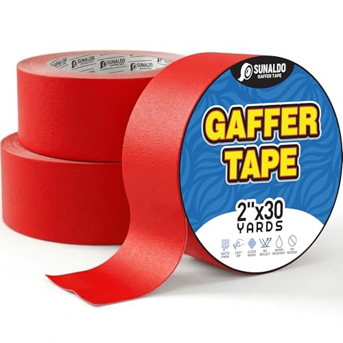 Gaffers Tape Heavy Duty, Easy to Rip, Residue-Free Professional Grade Floor Tape for Electrical Cords, Matte Finish Non Reflective, Weather Resistant (3, Red, 2" x 30 Yards)