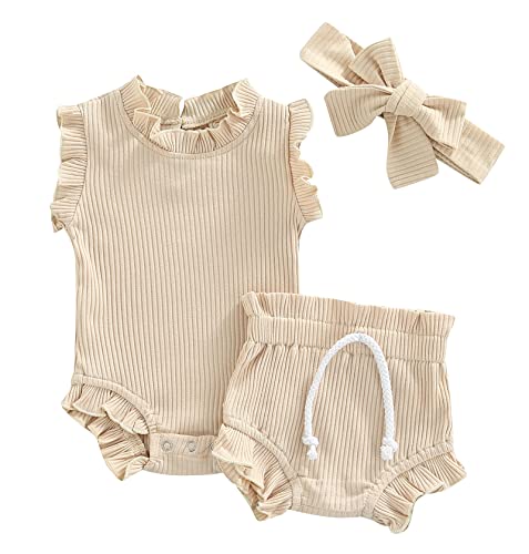 Image of SAYOO Toddler Baby Girl Summer Short Clothes Ribbed Ruffle Sleeve Tops+Elastic Drawstring Short Pants Two Piece Solid Outfit Set