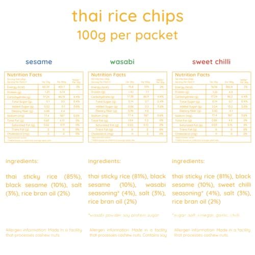 Image of Natch Thai Rice Chips Variety Pack, Healthy Snakcs 100% All Natural, Vegan, Gluten Free, Preservatives Free, Low Calorie, Sesame, Wasabi & Sweet Chilli Flavour, 100g each (Pack of 3)