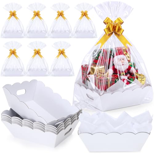 Image of Fuyoooo 8 Pack White Baskets for Gifts Empty to Fill, Sturdy 10 inch x 12 inch Scalloped Edged Empty Gift Basket Kit Bulk with Handles, 8 Wrap Bags, 16 Tissue Paper and 8 Bows for Wedding Party