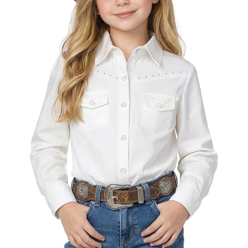 Listado de Blusas y camisas para Niña favoritos de las personas. 45 Blusa de vaquero occidental para niñas con diamantes de imitación, camisa casual de manga larga con botones para niñas de 5 a 14 años, Estilo 01a-blanco, 11-12 Años