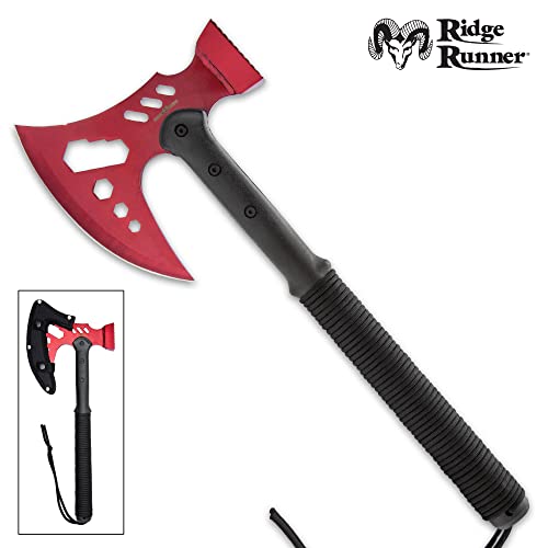 Ridge Runner 18” Tactical Axe and Multi-Tool Hammer - Red | Camping and Survival Axe | 6 ¾” Stainless Steel Head | Outdoor Hatchet and Axe Combo | Durable TPU Handle with Paracord Wrapped Grip
