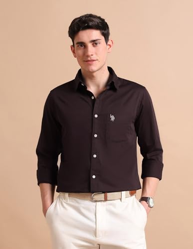 Image of U.S. Polo ASSN. Solid Tailored Fit Shirt for Men - 100% Cotton, Breathable & Comfortable, Full Sleeves Casual Shirt for Men