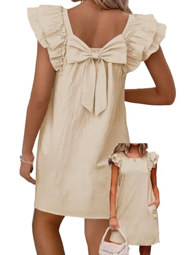 Womens Summer Dresses Bow Tie Back Sundresses for Women Ruffle Short Sleeve Dress Casual Cute Sundress with Pockets