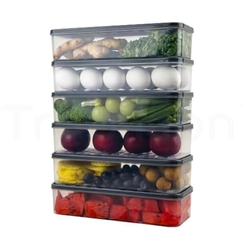Image of FridgeBox Set of 6 Fridge Storage Containers with Lid 1200ml Freezer Safe BPA Free Stackable Transparent Organizer Boxes for Vegetables Fruits Snacks Kitchen Made in India