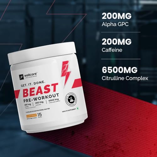 Image of Wellcore - Beast Mode Pre Workout Supplement165g, 15 Servs) | Intermediate Level Pre Workout | Wild Orange | Caffeine Free | Pre Workout For Men & Women With Creatine | Unleash The Beast Within