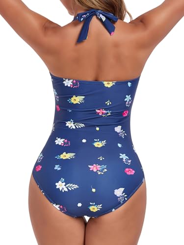 Image of Smismivo Tummy Control Swimwear Halter One Piece Slimming Vintage Retro Swimsuit Womens Ruched Push Up Bathing Suit