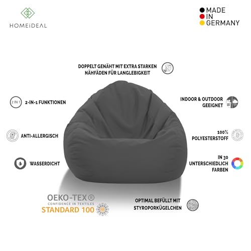 HomeIdeal - Sitzsack XXL Bodenkissen für Erwachsene & Kinder - Geeignet für Gaming oder Entspannen - Indoor wie Outdoor da er Wasserfest ist - mit EPS Perlen, Farbe:Anthrazit, Größe:XXL