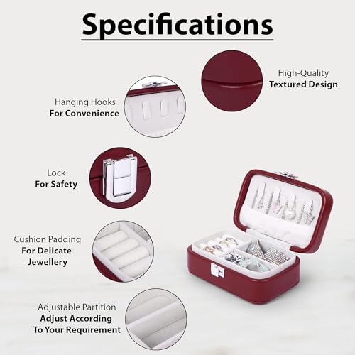 Image of BucketList PU Leather Jewellery Organizer Box with Ring Slots & Necklace Hooks | Compact Jewelry Storage Case with Secure Lock (Travel Jewellery Box Rectangular (Brown))