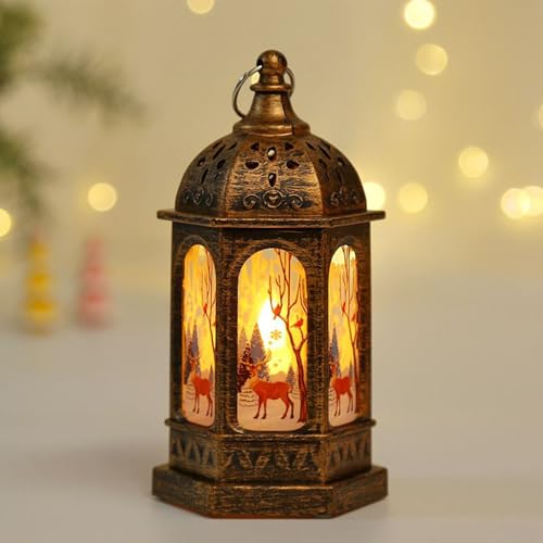 Lámpara LED 'Papá Noel/ciervo' para uso en interiores/funciona con pilas, estilo castillo de Navidad, luz nocturna, decoración de escena, 7 x 7 x 13 cm, bronce antiguo/oro