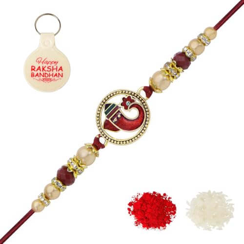 Image of Riddhika Ventures Religious Gold Plated Meenakari Sacred Ganesha Rakhi with Roli Chawal and One Happy Raksha Bandhan Keychain