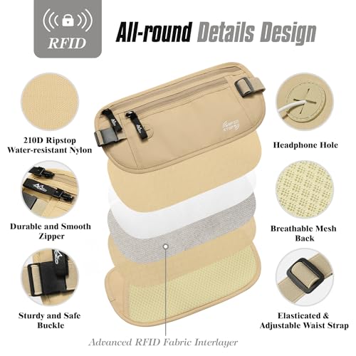 Image of MoKo Travel Money Belt, RFID Blocking Passport Wallet | Slim RFID-blocking money belt has 3 pockets, water-resistant nylon and an adjustable strap for 28-50 in waists