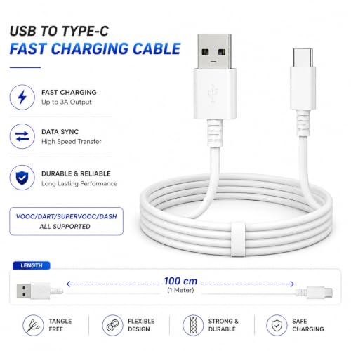 Image of 33W SuperVOOC Fast Charger with USB to Type-C Cable | High-Speed Fast Charging Adapter | Supports SuperVOOC, VOOC, Dash, Warp & Dart Charging, White