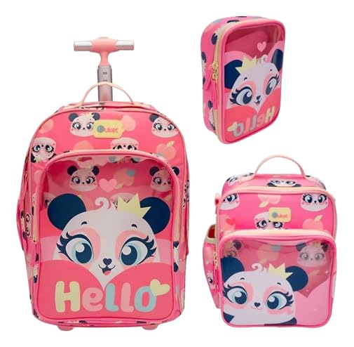 Kit Panda Romântico: Mochila Escolar C/Rodinha Grande + Lancheira Térmica + Estojo Grande