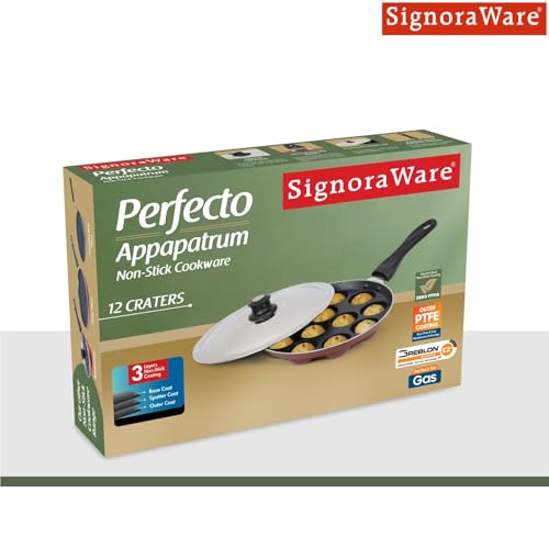 Image of Signoraware Perfecto Non Stick Appapatram with Steel Lid | Gas & Induction Compatible | Ideal for Traditional Appams & Paniyarams | Best for Quick Breakfast, Evening Snacks or Festive Treats (Steel)