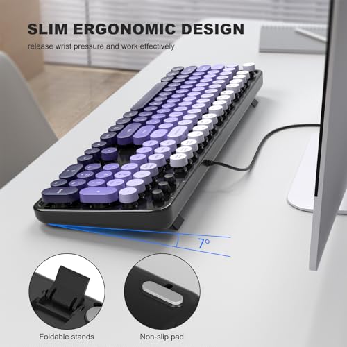 Image of Atelus Computer Keyboard Wired, Retro USB Keyboard with Large Number Pad, Caps Indicators, Foldable Stands, Full Size Typewriter Keyboard for Windows PC Laptop (Black Purple)