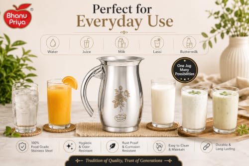 Image of Bhanu Priya Stainless Steel Deluxe Laser Water Jug 2.5 L | Mirror Polish Steel Jug | Floral Laser Engraving | Wide Mouth | Strong Riveted Handle | Water, Juice, Milk & Lassi Jug| 2.5 L