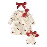 LUVCES Baby Mädchen Kleid Set mit Bowknot Herzchenmuster Gerippten Langen Ärmeln Valentinstag Kleider mit Söckchen für Frühling Herbst Kleidung 3pcs Kirschmuster 0-3 Monate