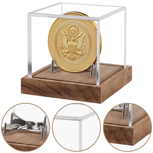 Image of Hooqict Coin Display Case Clear Acrylic Military Challenge Coin Case Display Box UV Protected with Wood Base & Alloy Holder Single Stand for Collectors Medal Poker Chip Collectibles