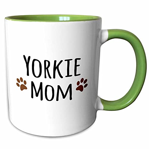 3dRose Yorkie Dog Mom - Yorkshire Terrier - Doggie by breed - doggy lover brown paw prints - mama pet owner 15oz Two-Tone Green Mug