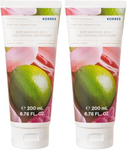 KORRES GINGER LIME Suavizante Leche corporal con aloe vera, crema nutritiva para la piel con aroma cítrico de lima y notas de jengibre, vegana, sin siliconas ni parabenos, 200 ml (Paquete de 2)