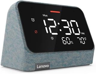 Lenovo Smart Clock Essential with Alexa Built-in - Digital LED with Auto-Adjust Brightness - Smart Alarm Clock with Speaker and Mic - Compatible with Lenovo Smart Clock Docking - Misty Blue