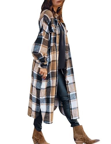 SKIKYAN Women Fall Flannel Plaid Shacket Jacket Oversized Button Down Long Shirt Jacket (Brown, Large)