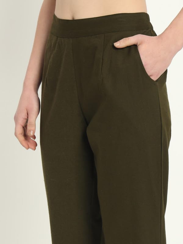 Image of Women's Solid Straight Fit 100% Cotton Trousers | High Waist, Side Pockets, Ankle Length Pants for Office, Casual