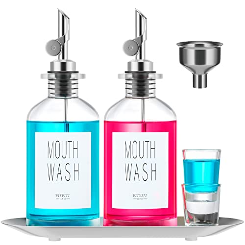 VITVITI Mouthwash Dispenser for Bathroom, 2 Clear Glass Mouth Wash Dispensers Container Holder, 11.8OZ Oil Dispenser Bottle with Tray Cups, Stainless Steel