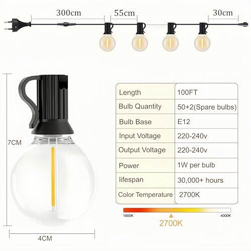 LaPitio Lichterkette Außen 30M, 50+2 Glühbirnen, Wasserdicht & Bruchsicher – Ansicht 6