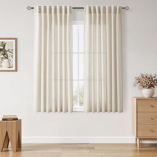 Image of Warm Beige Linen Curtains 63 Inches Long 2 Panel Sets for Living Room Bedroom Rod Pocket Back Tab Light Filtering Drape for Kitchen Window Short Protect Privacy Curtain Modern Farmhouse Decor 52x63