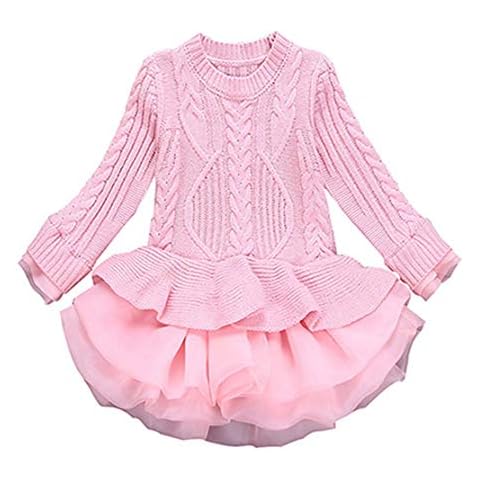 WEONEDREAM Girls Sweater Knitted Organza Stitching Pleated Tutu Shrugs Pullover Pageant Dress for Little Girls Christmas Winter Party Sweater Stitching Knee Long Dresses Size 4-5 Years (Pink 120) Cover