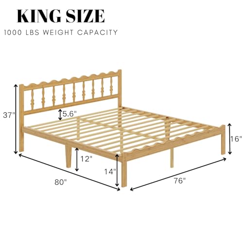 Image of ZIYOO 14inch King Bed Frame with Wavy Headboard and Footboard, No Box Spring Needed Easy Assembly Platform Bed with Metal Slats, Modern Wood Foundation