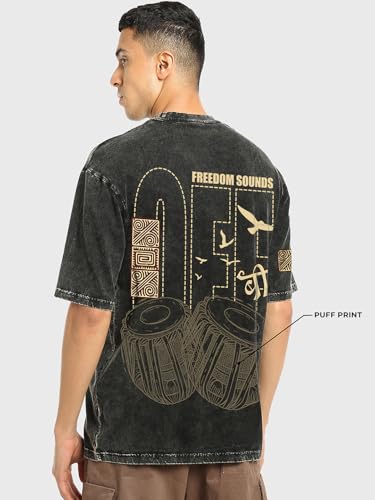 Image of Bewakoof Men's Cotton Graphic Print Oversized Fit Half Sleeve Round Neck T-Shirt | Casual Wear | Street Wear | Oversized t Shirt for Men Cotton | Baggy